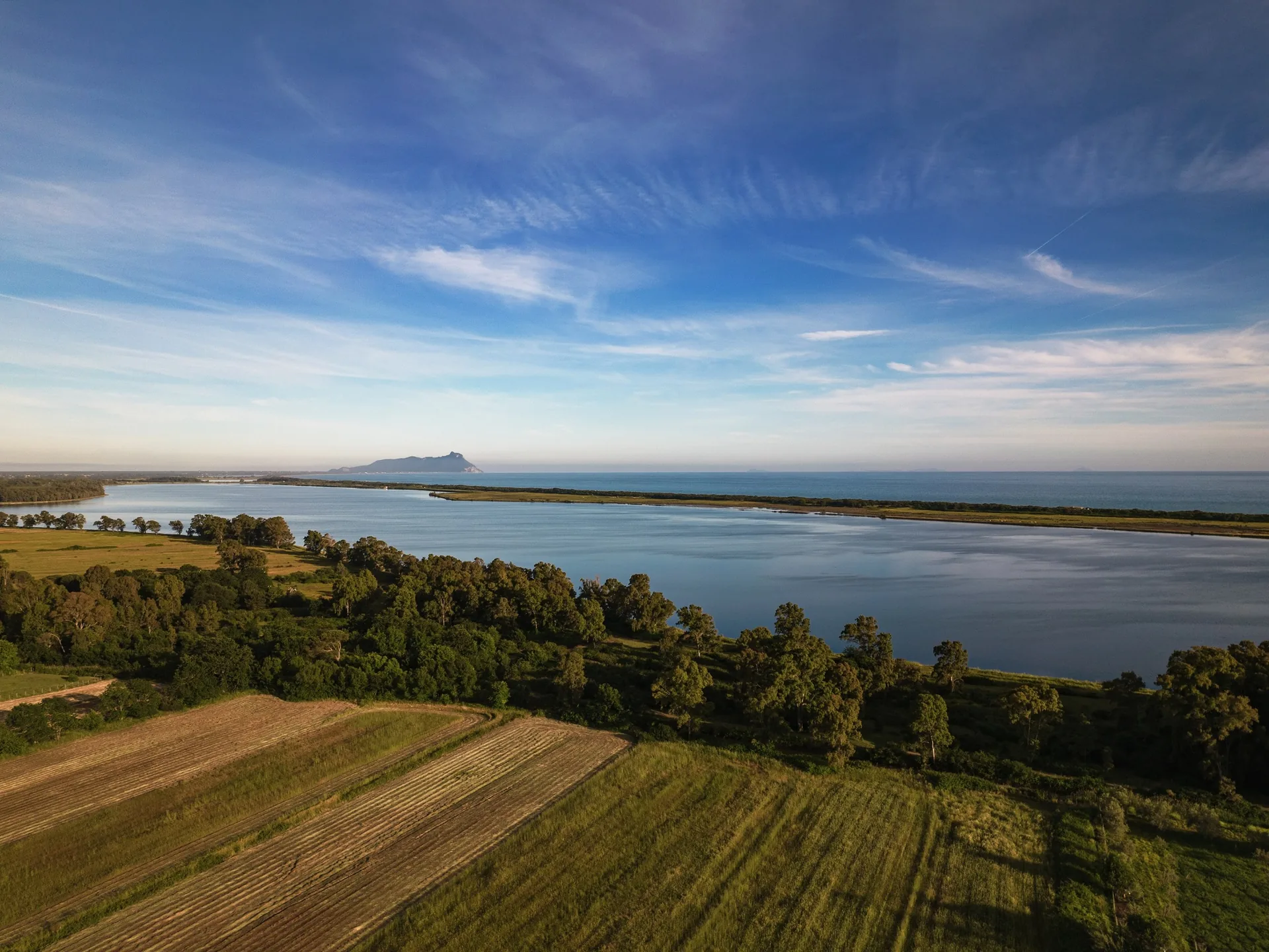 Panorama aereo della costa, delle acque e dei vigneti del territorio pontino